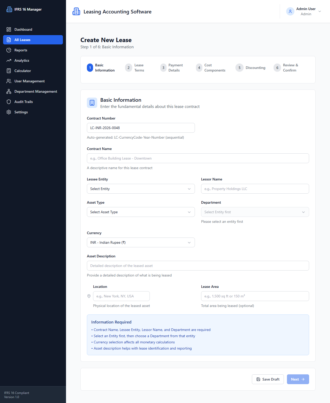 Create Lease page screenshot