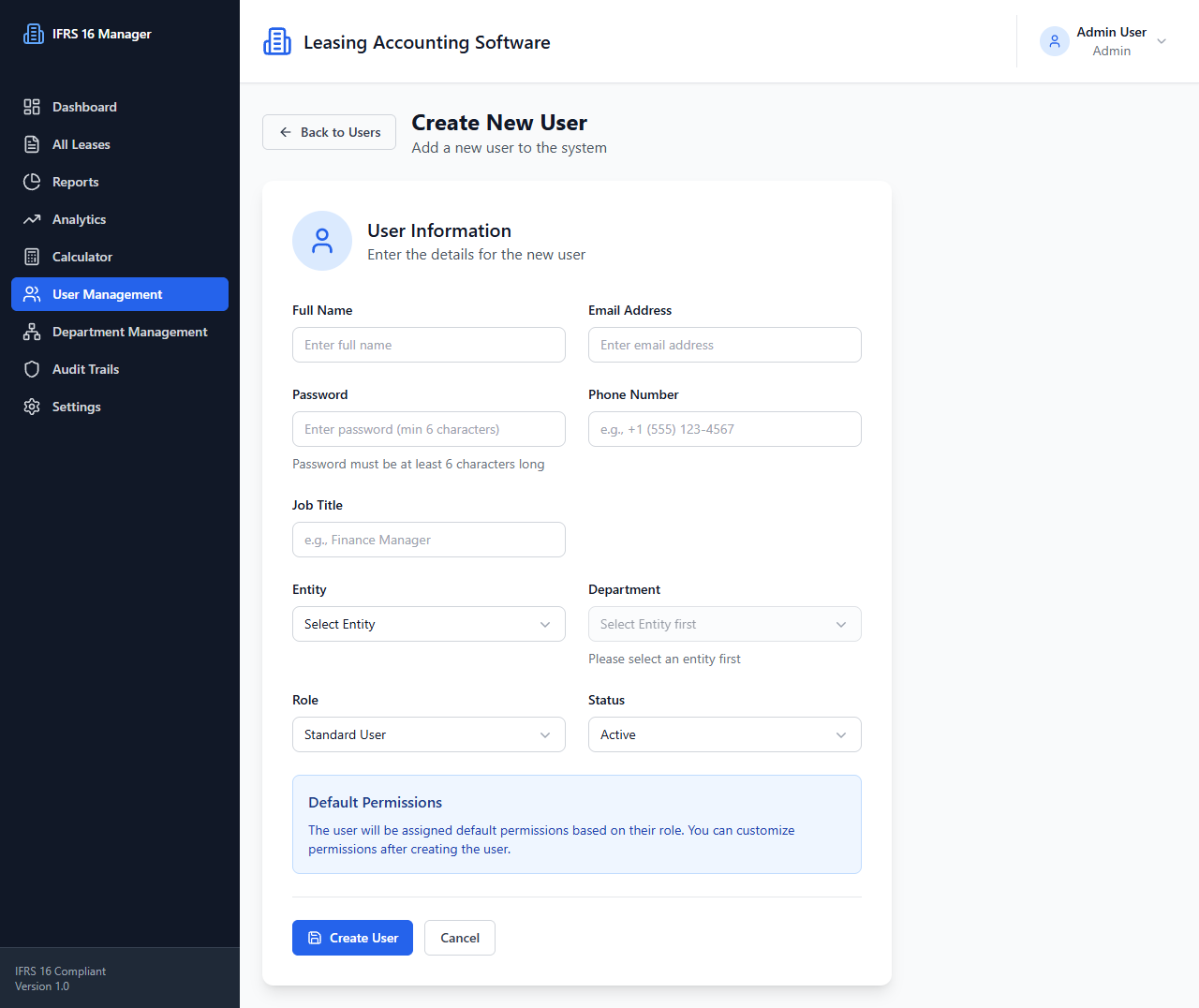 Create User page screenshot