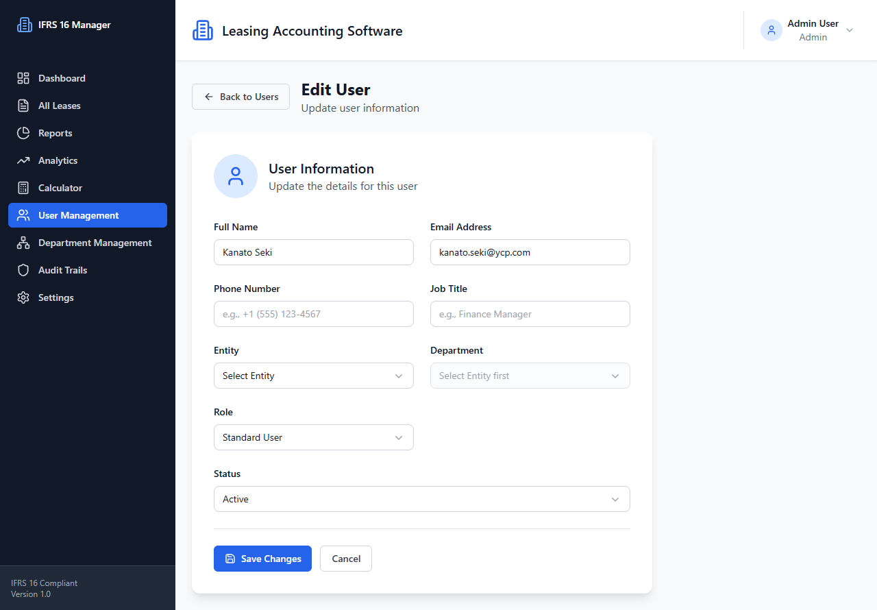 Edit User page screenshot